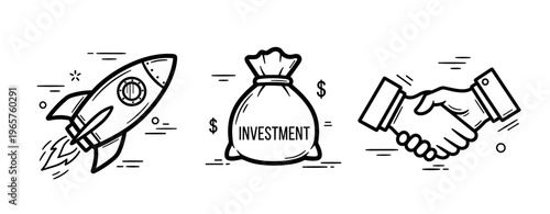 Rocket, money bag, and handshake icons illustrating investment growth