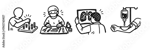 Medical procedures and healthcare professions illustrated in black and white
