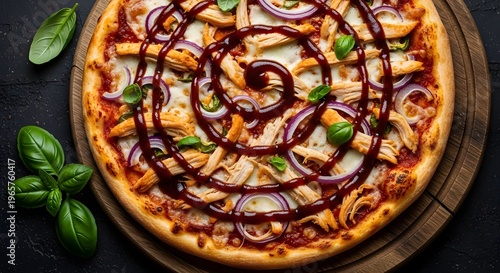 Delicious Pizza with Basil on Wooden Board