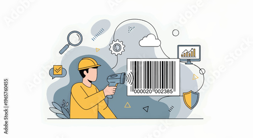 A modern worker scans a barcode with a tablet in an office setting surrounded by various business and technology illustrations.
