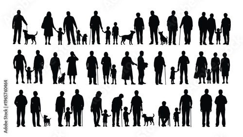 A diverse collection of people and their pets are depicted in a clean stark black silhouette high quality professional