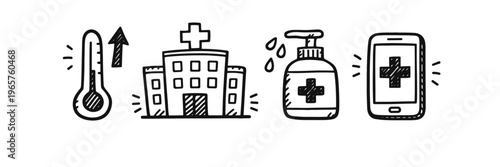 Medical icons set with thermometer, hospital, hand sanitizer, and smartphone