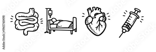 Medical icons: digestive system, hospital bed, heart, and syringe