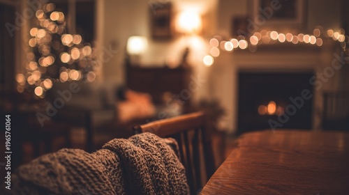 Cozy Christmas Living Room Warmth with Bokeh Lights  Fireplace Glow.