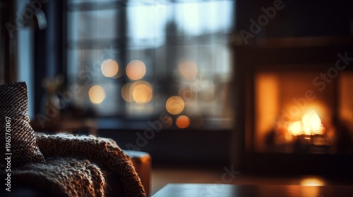Cozy fireplace glow warms rustic living room with winter comfort scene.