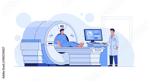 Patient undergoing MRI scan with doctor monitoring, advanced medical technology for diagnosis