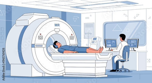 Patient undergoing MRI scan with doctor monitoring in modern medical clinic