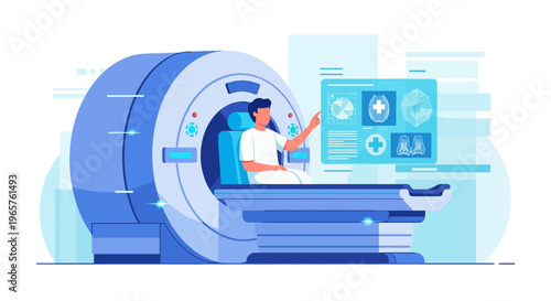 Patient undergoing MRI scan with futuristic interface displaying medical images