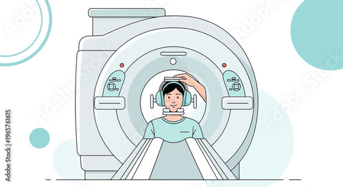 Patient undergoing MRI scan with headphones for medical diagnosis and healthcare