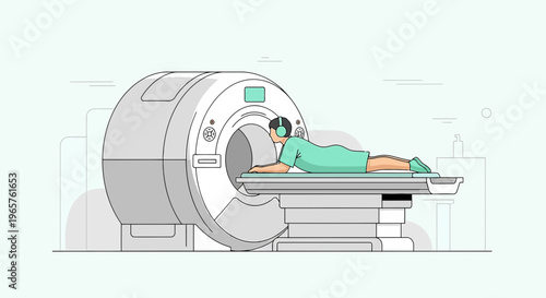 Patient undergoing MRI scan with headphones in a modern medical facility