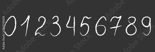 Hand drawn numbers from zero to nine with white chalk or crayon texture on black background. Minimalist sketchy digits for school chalkboard lettering and artistic educational design