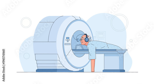 Patient undergoing MRI scan with headphones in a modern medical facility