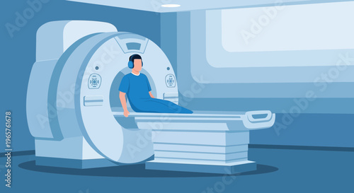 Patient undergoing MRI scan with headphones in a modern medical imaging room