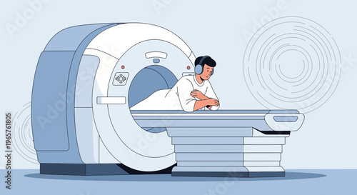 Patient undergoing MRI scan with headphones, medical technology, healthcare diagnostics