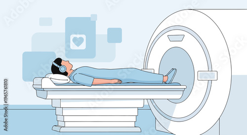 Patient undergoing MRI scan with headphones, medical technology, healthcare concept