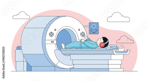 Patient undergoing MRI scan with headphones, medical technology, healthcare, diagnostic imaging