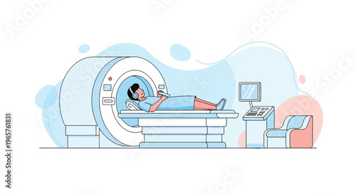 Patient undergoing MRI scan with headphones, modern medical equipment in clinic
