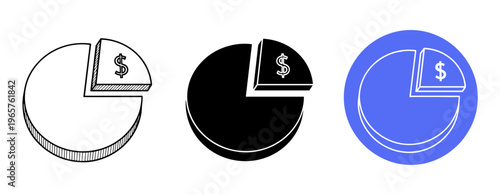 Three pie charts with dollar symbols: sketch, solid black, and blue designs