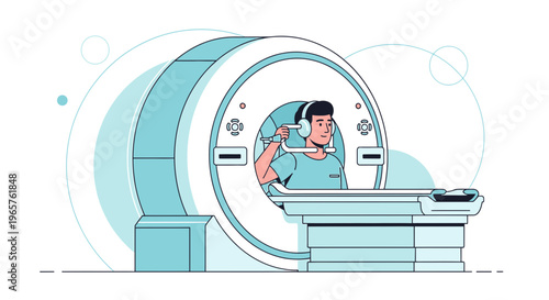 Patient undergoing MRI scan with headphones, modern medical equipment, healthcare concept