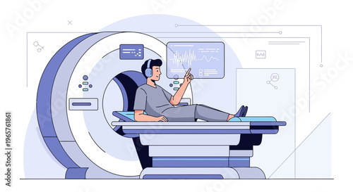 Patient undergoing MRI scan with headphones, monitoring screen shows brain waves