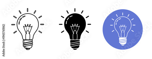 Creative light bulb icon set: outlined, filled, and blue circle variations