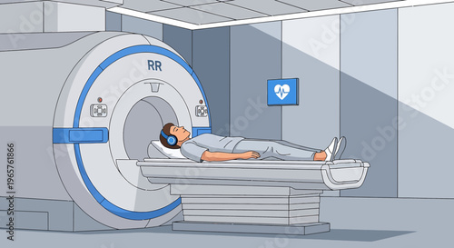 Patient undergoing MRI scan with headphones, medical technology, healthcare concept