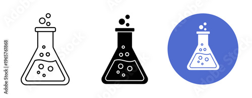 Black and white laboratory flasks with bubbles and blue circle background