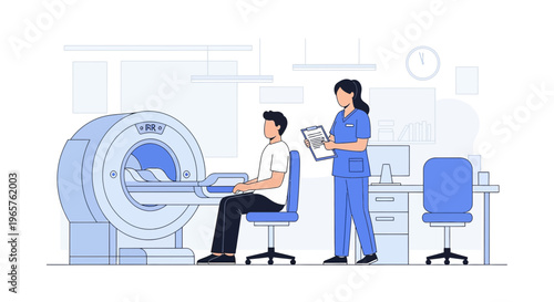 Patient undergoing MRI scan with medical professional in modern clinic room.