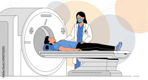 Patient undergoing MRI scan with medical professional in attendance, modern healthcare technology