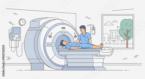Patient undergoing MRI scan with medical professional in clinic room, diagnostic imaging technology