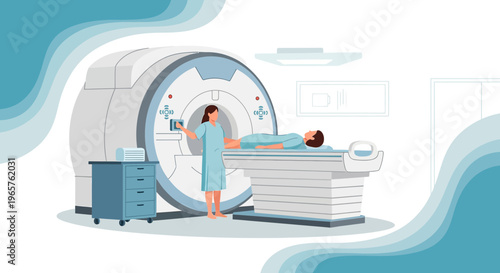 Patient undergoing MRI scan with medical professional in modern diagnostic imaging center