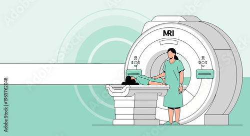 Patient undergoing MRI scan with medical professional in modern diagnostic imaging room