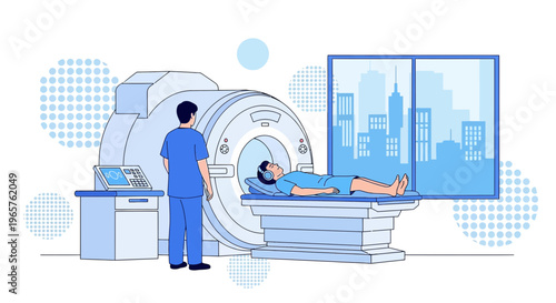 Patient undergoing MRI scan with medical professional in modern diagnostic room