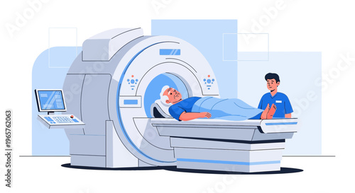 Patient undergoing MRI scan with medical professional monitoring, modern diagnostic equipment
