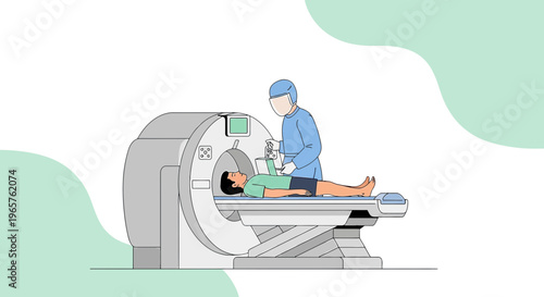 Patient undergoing MRI scan with medical professional in sterile room
