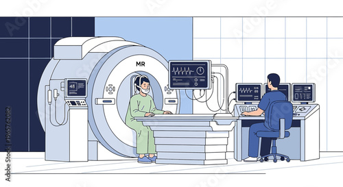 Patient undergoing MRI scan with medical professional monitoring.