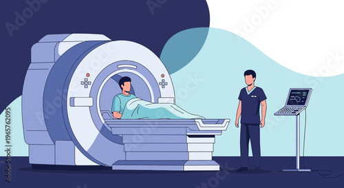 Patient undergoing MRI scan with medical professional monitoring
