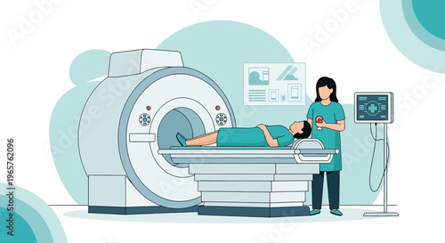 Patient undergoing MRI scan with medical professional monitoring