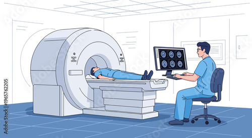 Patient undergoing MRI scan with radiologist monitoring on computer screen
