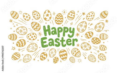 Happy Easter Greeting with Hand Drawn Gold Eggs and Green Lettering on White Background