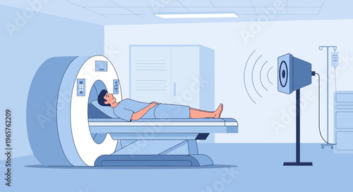Patient undergoing MRI scan with sound monitoring in a modern medical clinic