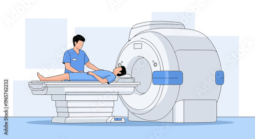 Patient undergoing MRI scan with technician assisting in medical examination room