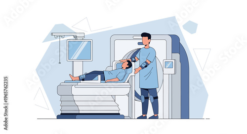 Patient undergoing MRI scan with technician assisting in modern medical facility