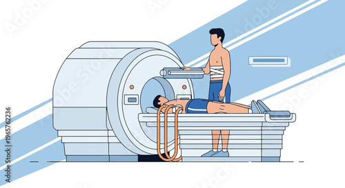 Patient undergoing MRI scan with technician assisting, medical diagnostic equipment