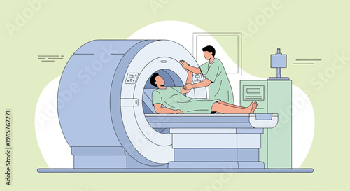 Patient undergoing MRI scan with technician in modern medical imaging center