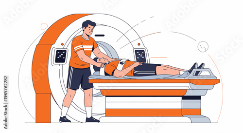 Patient undergoing MRI scan with technician in modern medical imaging center