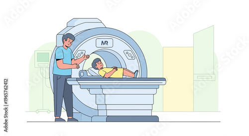 Patient undergoing MRI scan with technician monitoring, modern medical equipment in clinic