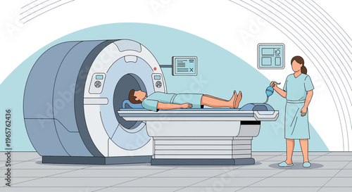 Patient undergoing MRI scan with technician monitoring