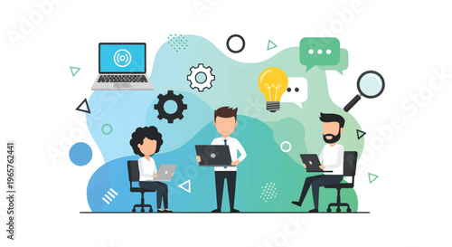 Three people working on laptops surrounded by various office supplies and symbols in a modern flat vector illustration.