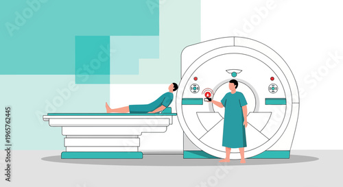 Patient undergoing MRI scan with technician operating machine, medical technology concept